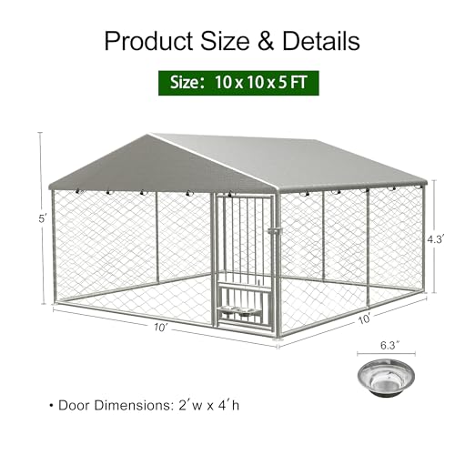 Large Outdoor Dog Kennel, Heavy Duty Galvanized Steel Dog Enclosure, Chicken Coop with Waterproof UV-Resistant Cover, Lockable Door Chain Link for Small & Large Pets, Backyard (90
