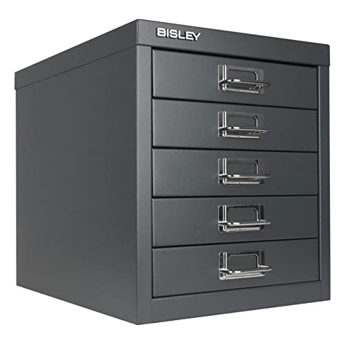 Bisley 10-Drawer Steel MultiDrawer Cabinet - Black, Chrome Pull Handles with Label Holders, Powder-Coated Steel, Removable Drawers, Fits Under Most Desks, Labels Included