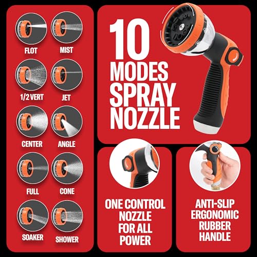 Best 100 ft Metal Garden Hose Set - No-Kink Durable 316 Stainless Steel, 10-Way Zync Spray Nozzle & Hook – Tough Flexible Heavy Duty Water Hoses, Naval Brass, Rust, Weather, LeakProof