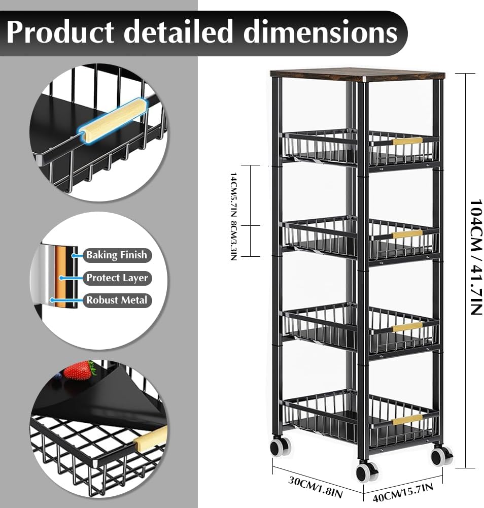 Fruit Vegetable Storage Basket for Kitchen, 5 Tier Large Pull-Out Wire Basket with Wood Top and Wheels Rolling Pantry Kitchen Cart Vegetable Produce Bins Stand Cart Rack for Onions and Potatoes