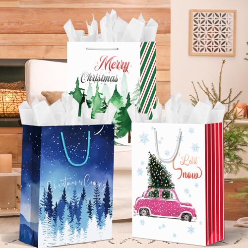 WLUSEAXI 24 Pack Christmas Gift bags Assorted Sizes with 24 Gift Tags,Christmas Paper Bags with Handle,6 Jumbo 6 Large 6 Medium 6 Small Holiday Gift Bags for Kids,Xmas Presents,Xmas Party Favors