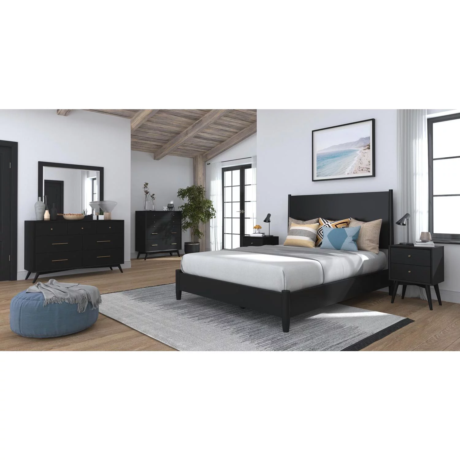 Alpine Furniture Flynn Mid Century Modern Wood Queen Panel Bed in Black