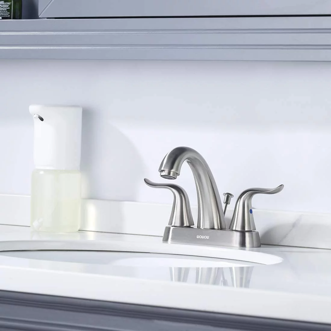 WOWOW Bathroom Faucet 2 Handle 4 Inch Centerset Bathroom Sink Faucet, Lead-Free Basin Mixer Tap with Lift Rod Drain Stopper