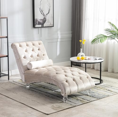 White Faux Fur Chaise Lounge Chair Indoor for Living Room Bedroom, Armless Upholstered Lounge Chair with Clear Legs & Rivet Decor, Indoor Sleeper Chair Curved Cushion Fabric Chairs