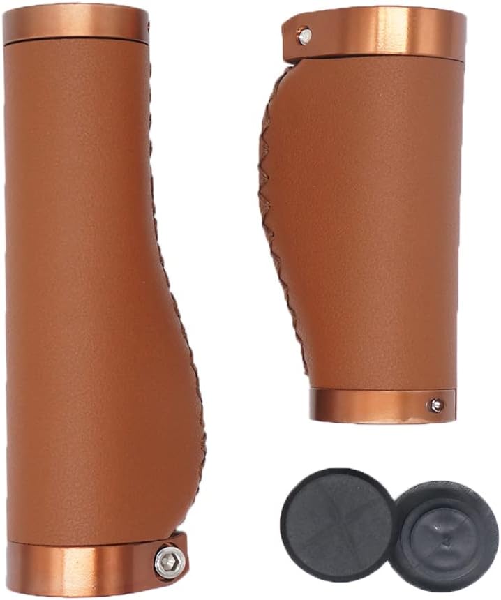 Bike Handle Grips 135/95mm Long/Short Grips Non-Slip PVC Microfiber Leather Ergonomic Hand-Sewn Casual Retro Double Lock-on Handlebar Lever for MTB,Road Bike (Brown-C)