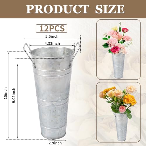 Galvanized Metal Vases for Flowers,Galvanized Flower Bucket,Metal Flower Vase with Handles for Home Decor and Wedding Table Centerpiece Decorations (Silver,10'' Height,Set of 8)