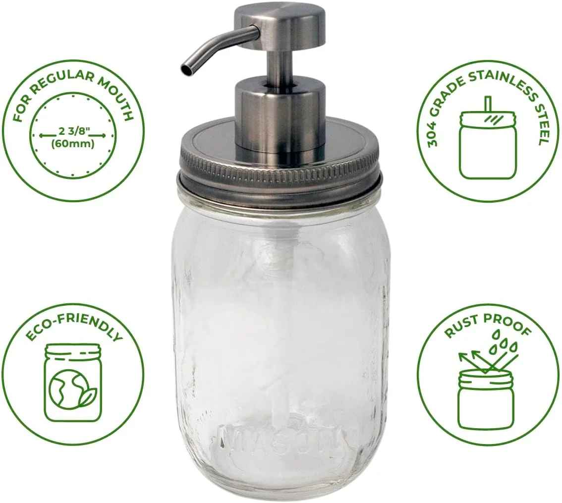#2 Stainless Steel Soap Pump Lid | Hand Soap Pump Top/ Dispenser Pump Replacement Lids For Mason Jars (Regular Mouth)