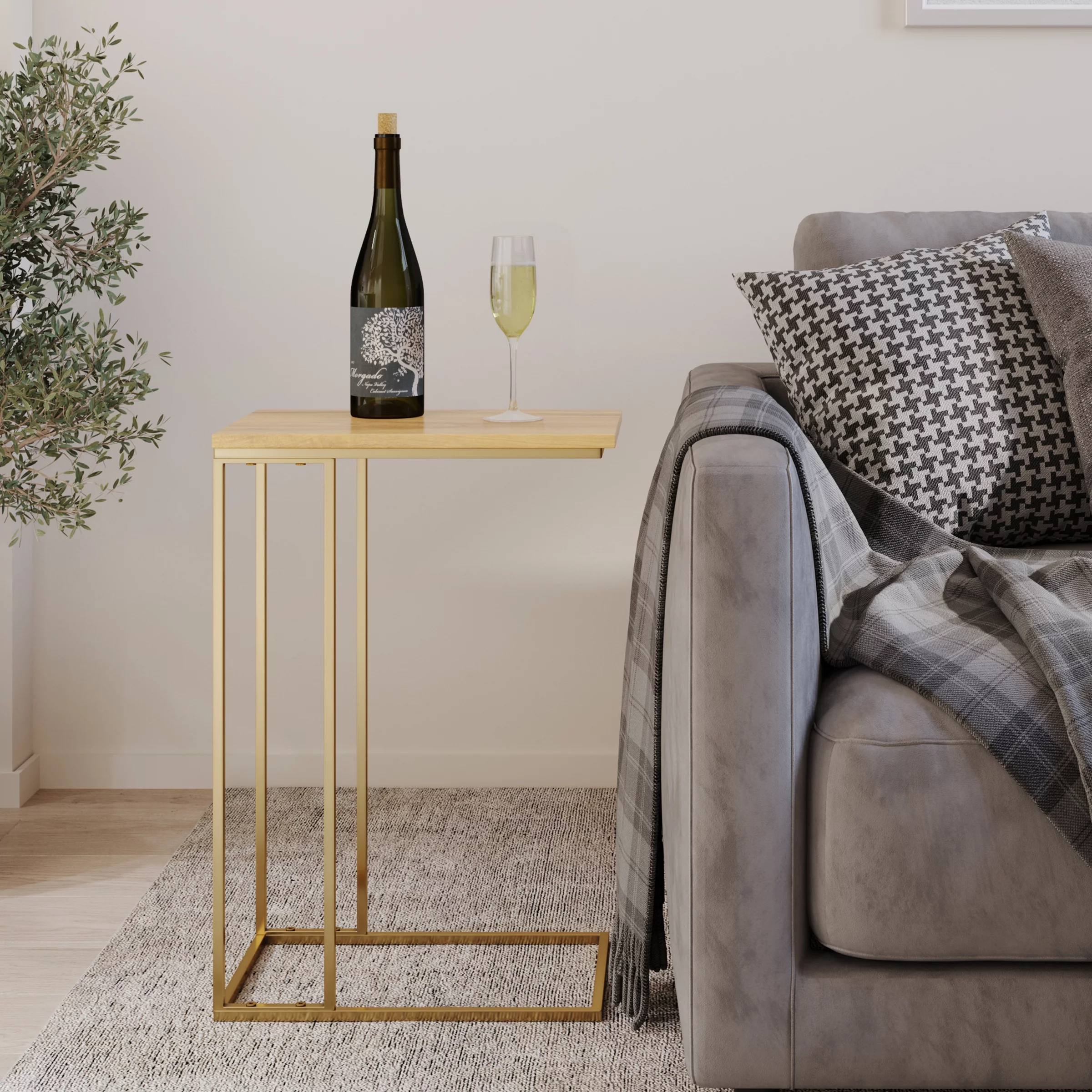 Lavish Home - C-Shaped Mango Wood End Table with Gold Iron Frame