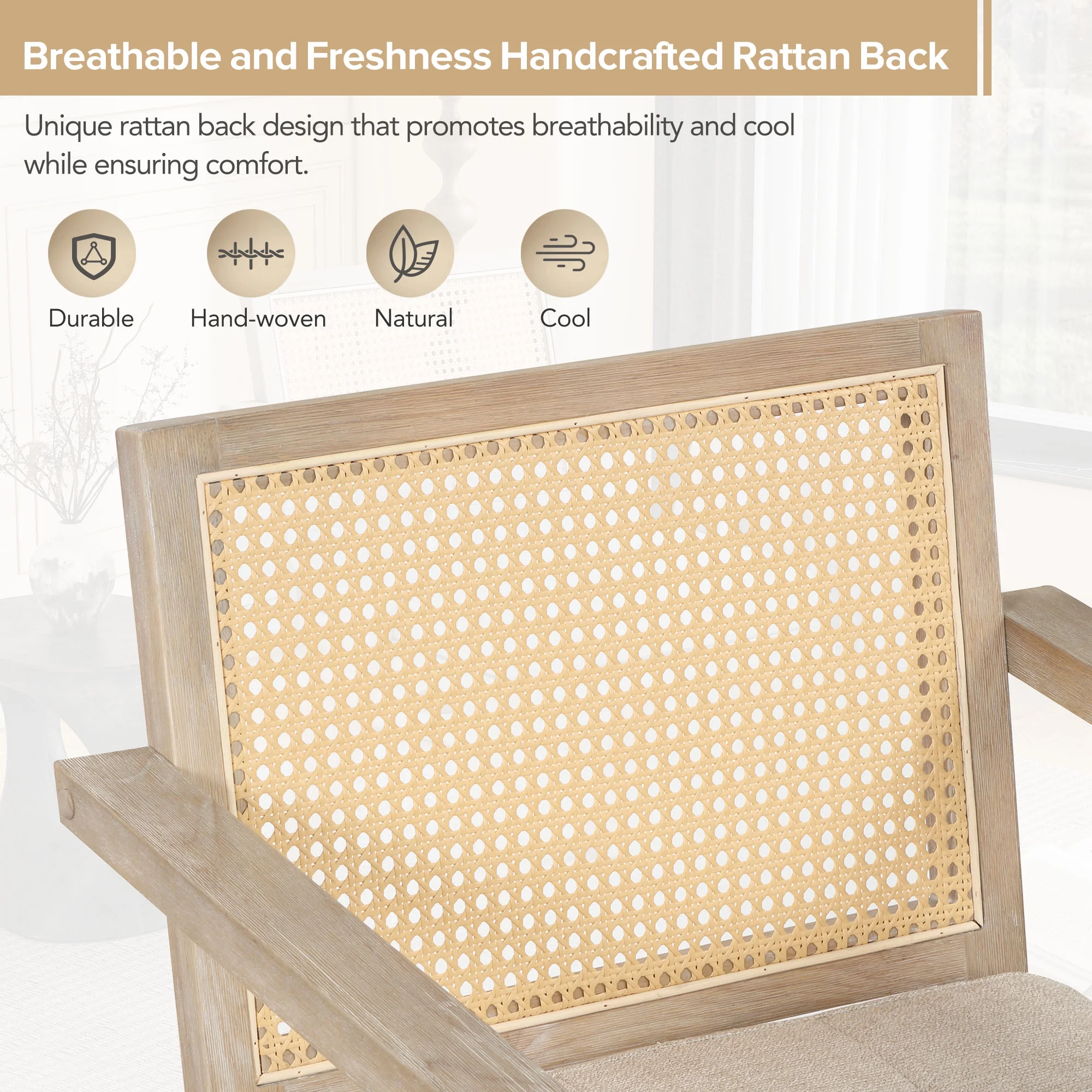 Handcrafted Rattan Backrest Mid-Century Accent Chair - Padded Seat - Ideal Living Room, Bedroom, Entryway - Natural