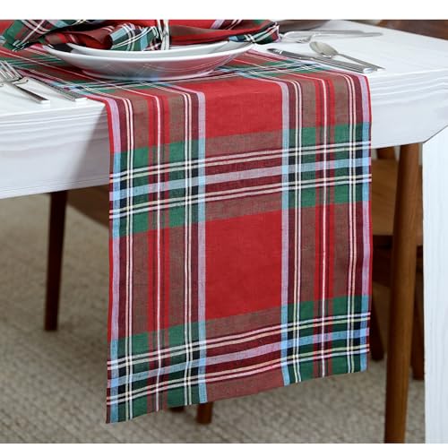 Solino Home Christmas Table Runner 72 Inches Long - 100% Pure Linen Green Tartan Plaid Table Runner 14 x 72 Inch for Dining, Xmas, New Year