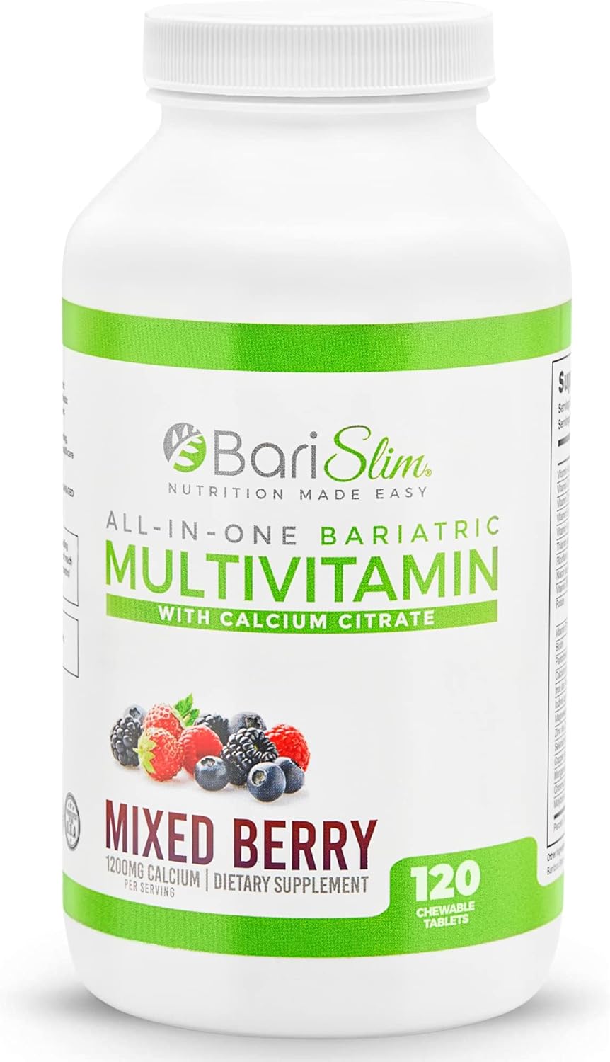 BariSlim All-in-One Bariatric Chewable Multivitamin Tablets w/Calcium Citrate - Bariatric Vitamin for Post Bariatric Surgery Including Gastric Bypass & Gastric Sleeve | Mixed Berry (120 Count)