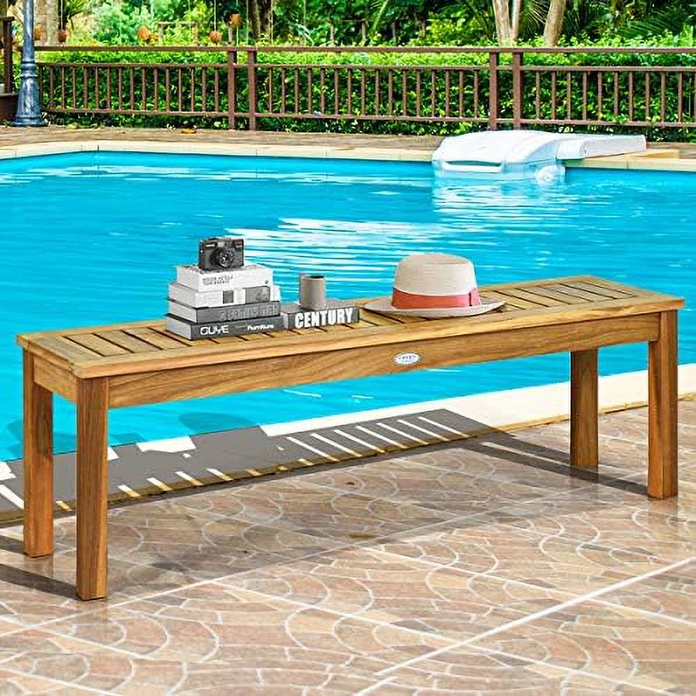 KHBIULIFE 52 Inches Acacia Wood Outdoor Bench  Wood Bench for Dining Room Entryway Poolside Garden  Patio Backless Dining Bench with Slatted Seat  Ideal for Outdoors & Indoors (1  Tea