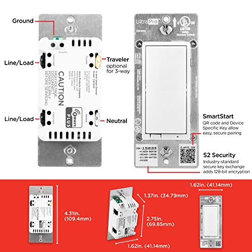 UltraPro Add-On Switch QuickFit and SimpleWire, In-Wall White Rocker Paddle Only, Z-Wave ZigBee Wireless Smart Lighting Controls, NOT A STANDALONE Switch, 2 Pack, 54905