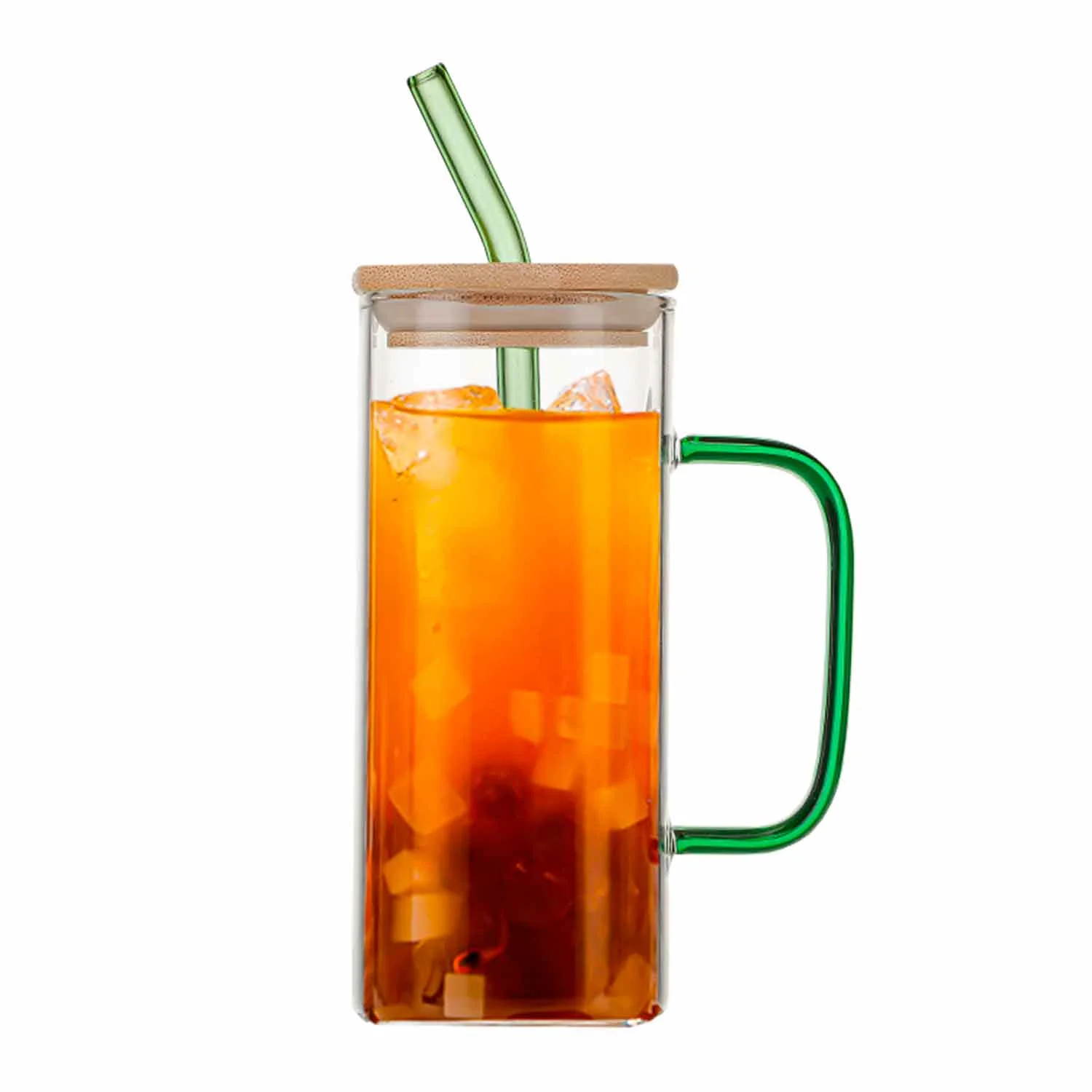 Glass Cups with Bamboo Lids and Glass Straw, Square Shape Drinking Glasses with Handle Ice Coffee Bottle Glasses Fruit Juice Cup Great for Soda Cocktail Beer Whiskey (Green)