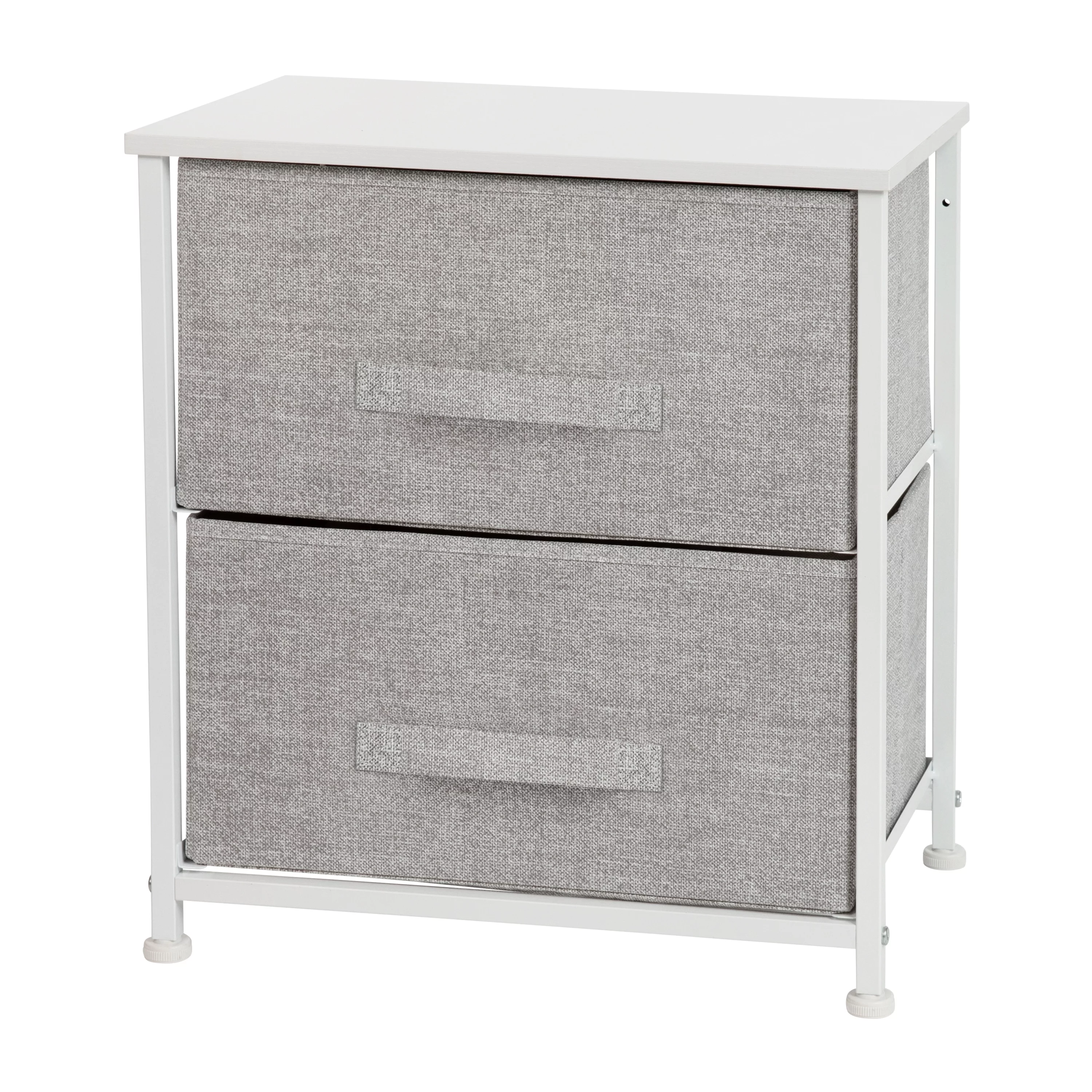 BizChair 2 Drawer Wood Top White Nightstand Storage Organizer with Cast Iron Frame and Light Gray Easy Pull Fabric Drawers