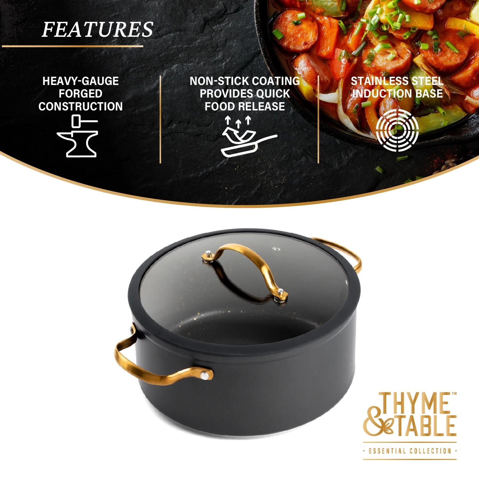 Thyme & Table Non-Stick 5 QT Signature Stock Pot with Glass Lid, Black & Gold