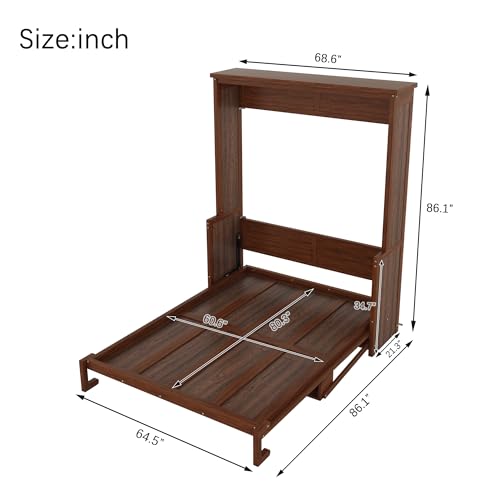 KEIKI Queen Size Murphy Bed with Desk, Horizontal Wood Wall Bed Cabinet with Gas Struts, Space-Saving Folding Bed for Bedroom, Living Room, Guest Room, Walnut