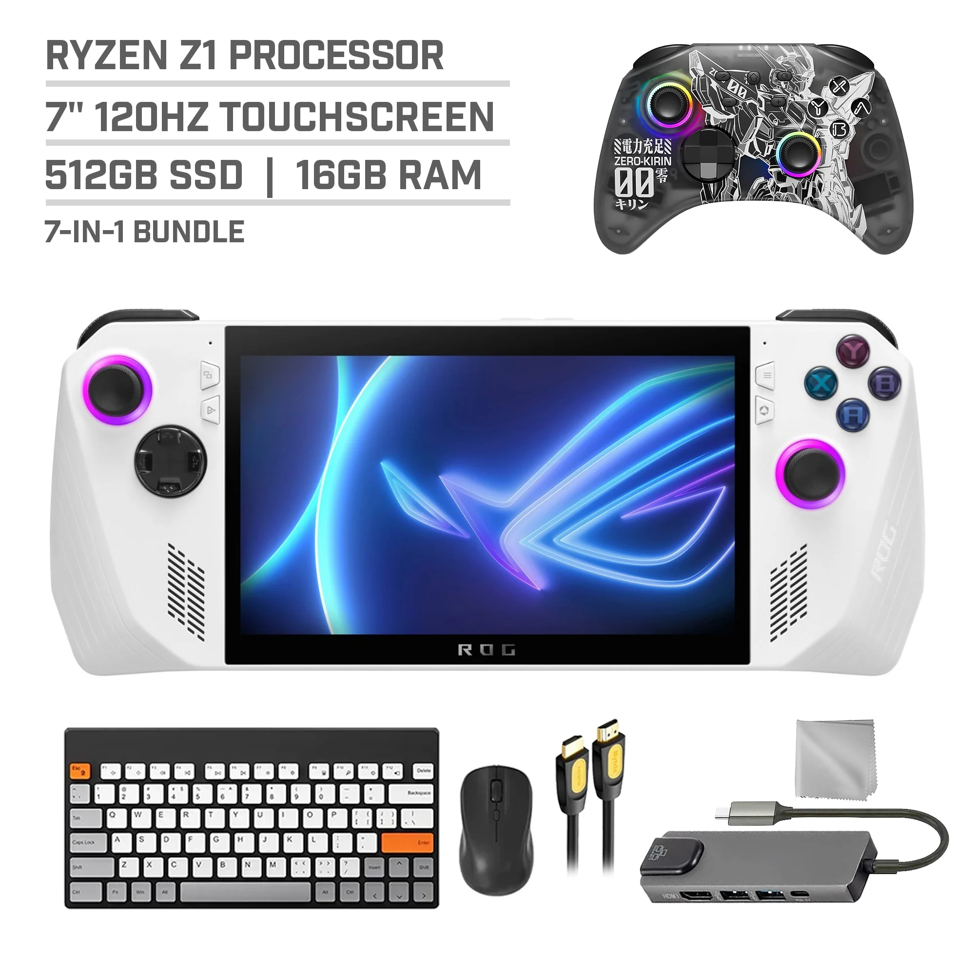 ASUS ROG Ally 512GB Gaming Handheld 7-inch Touchscreen 120Hz FHD 1080p AMD Ryzen Z1 Processor, Mytrix Zero-Kirin Wireless Pro Controller, Hub, Keyboard & Mouse Combo, 7 in 1 Bundle