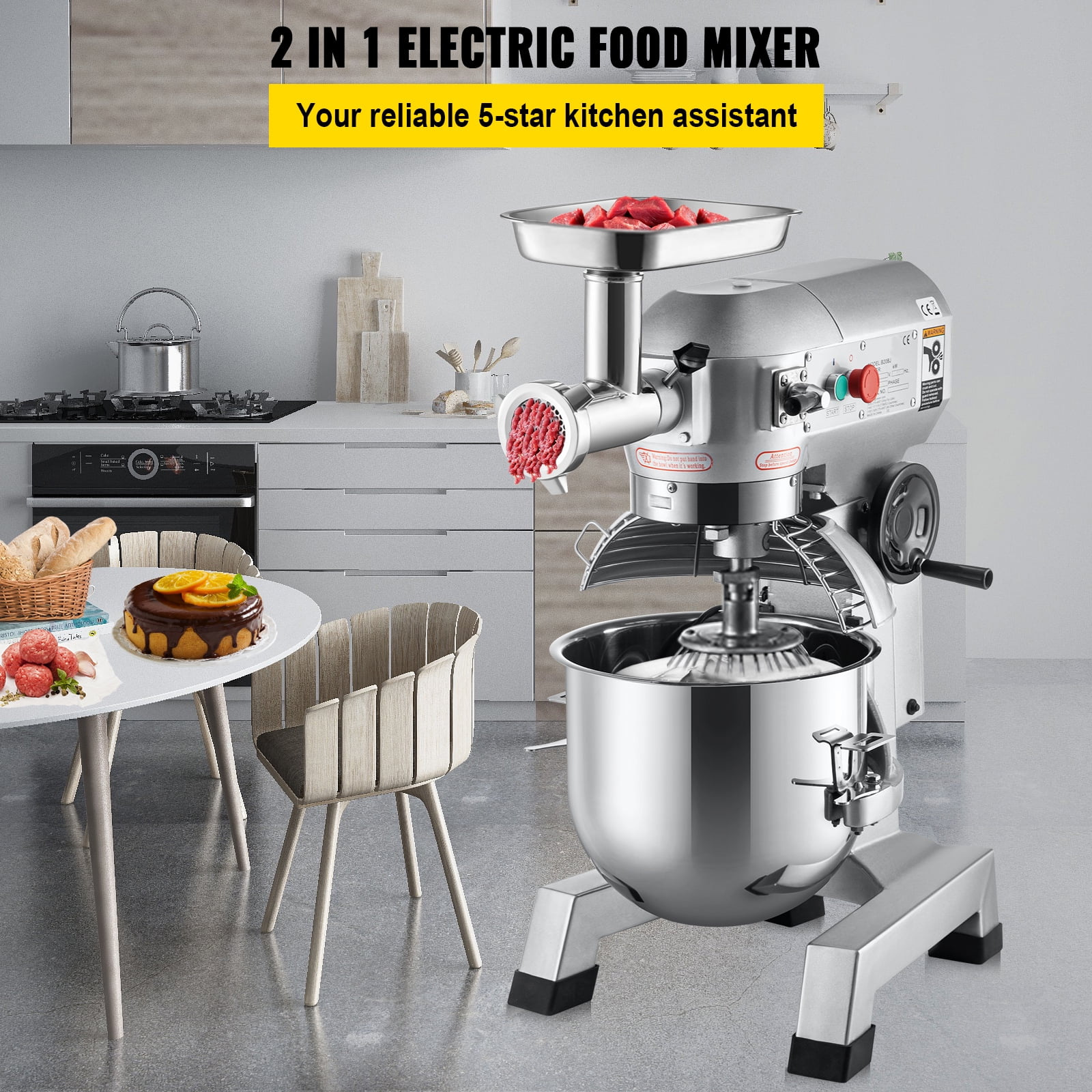 SKYSHALO Commercial Stand Mixer, 20Qt Stainless Steel Bowl, 1100W 2 in 1 Multifunctional Electric Food Mixer with Meat Grinder & 3 Speeds, Dough Hook Whisk Beater Included, Perfect for Bakery Pizzeria