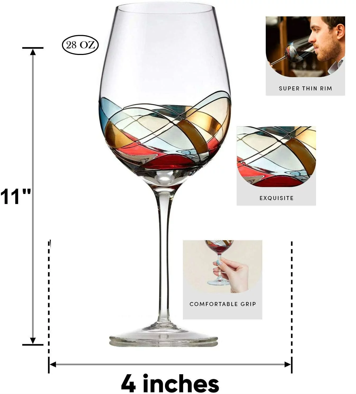 Bezrat Red Wine Glasses Set of 2, Hand Painted Wine Glass, Drinkware Essentials, 11