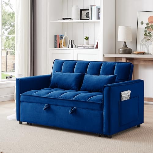 Pull Out Sofa Bed, 3-in-1 Convertible Sofa Bed, Modern Velvet Double Sofa Futon Sofa Bed with Adjustable Back, Storage Bag and Pillow for Living Room, Bedroom