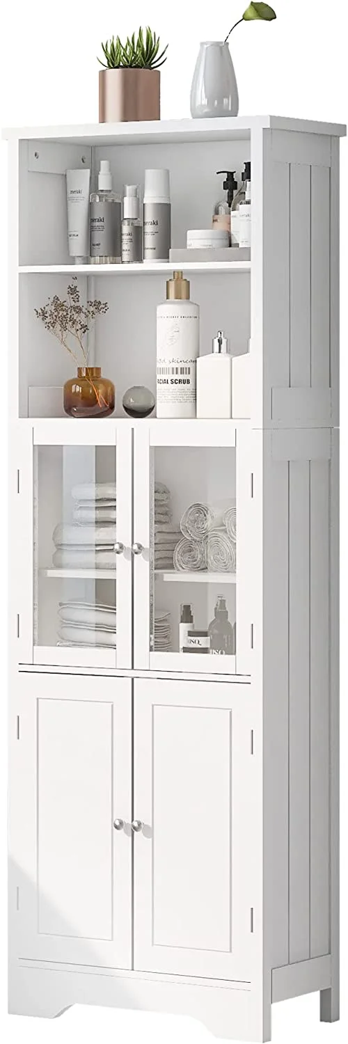 WANHUI, White Storage Cabinet with Glass Doors, Open Bookcase, Pantry Cupboard, Freestanding Organizer Display for Bathroom, Kitchen, Office, Adjustable Shelves