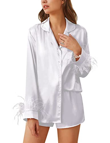 Ekouaer Women's Bridal Feather Trim Silk Satin Pajama Set Long Sleeve Lounge Sets Sleepwear (Removable Feather)