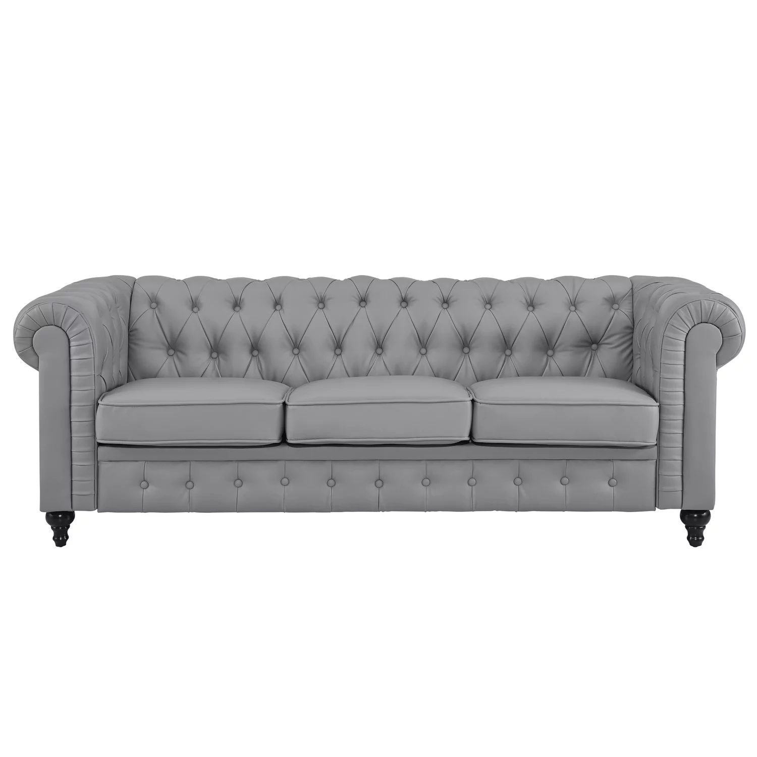 Emery Chesterfield Sofa, Luxurious Comfort for Cozy Living Rooms, Mid-Century Modern couch, Elegance & Serenity, 3-Seater Sofa Couch for Small Space, Bedroom, Apartment, Gray, PU