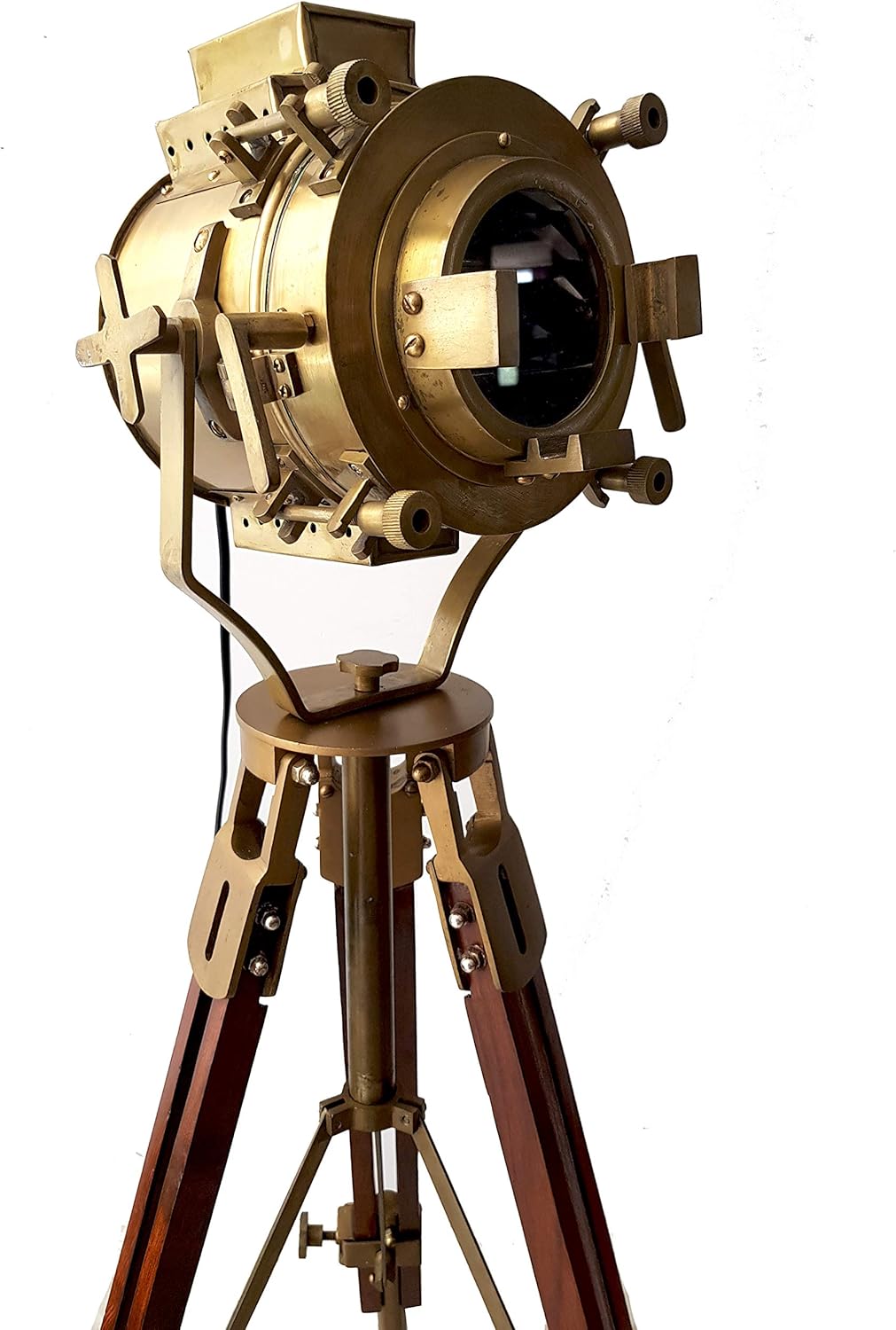 Vintage Antique Hollywood Theater Marine Searchlight Nautical Wooden Brown Tripod Handmade Brass Floor Lamp Retro Spotlight - Home Decoration LED Lamps