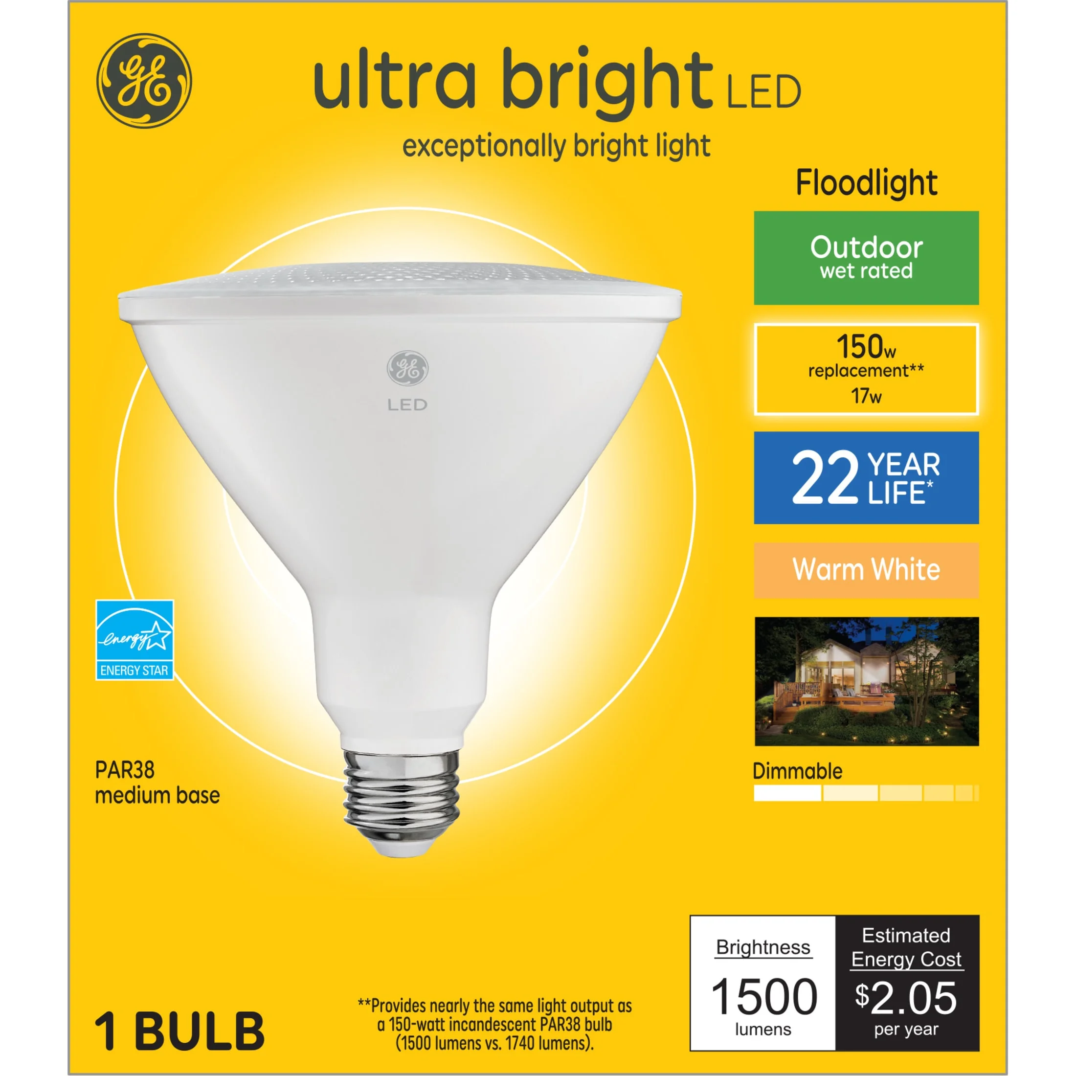 GE Ultra Bright LED Light Bulbs, 150 Watt, Warm White, PAR38 Floodlight, Medium Base, Clear Finish