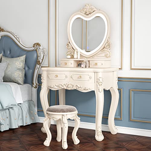 Makeup Vanity with LED 3-Color Touch Light Mirror,Makeup Desk with Cushioned Stool,White Makeup Vanity with Storage for Women (Color : Heart Shaped Mirror, Size : 80cm/31.5
