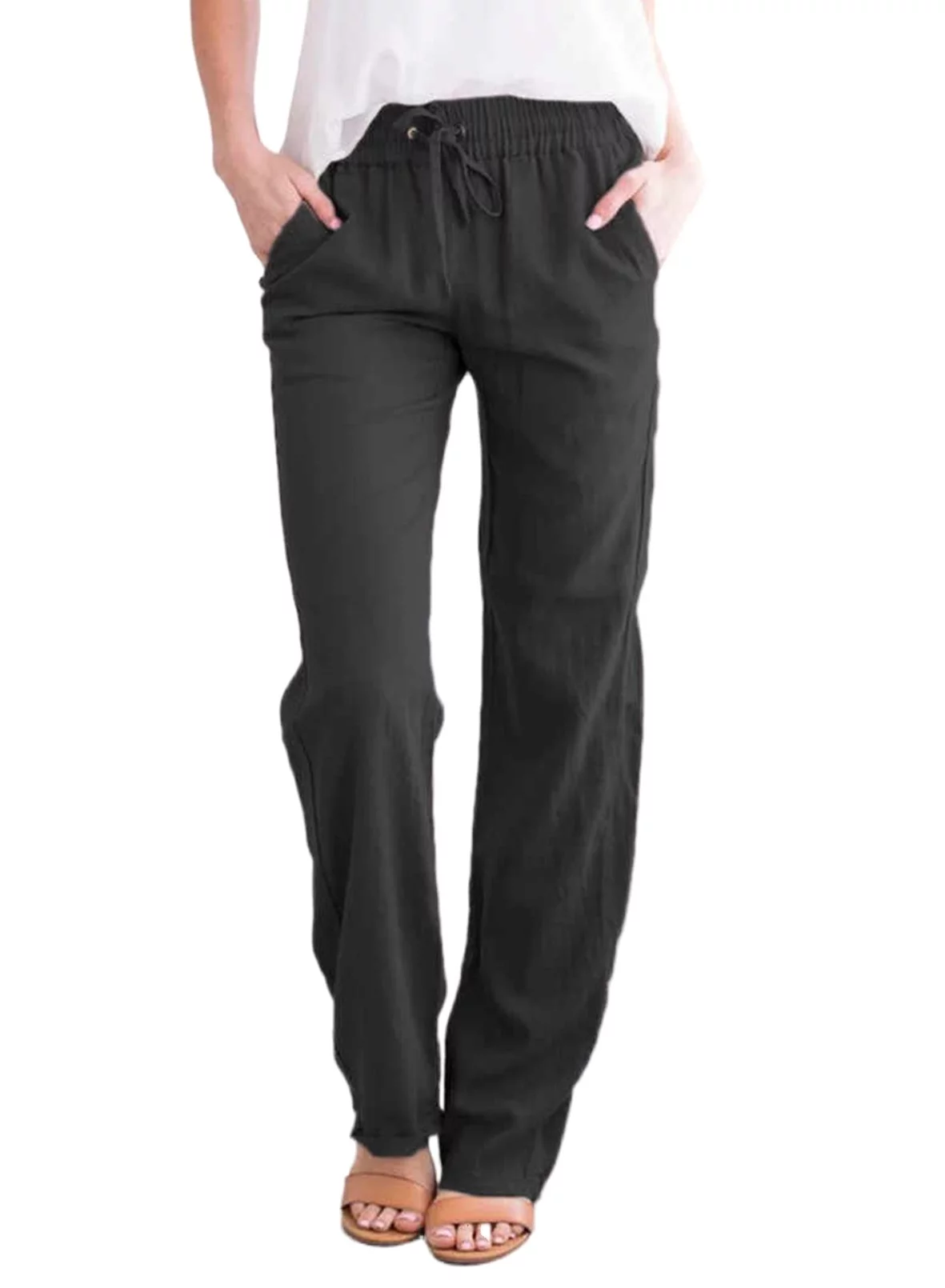 EVALESS Linen Pants for Women Straight Leg Elastic Waist Casual Pants with Pockets Comfy Black Work Pants 2XL US 20-22