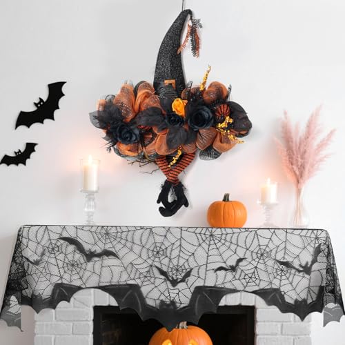 Halloween Wreath with Witch Hat, 30 Inch Large Front Door Wreath with Black Lace Spiderweb Fireplace Mantle Scarf Cover Set, Black and Orange Mesh Decor with Glitter, Roses and Striped Legs
