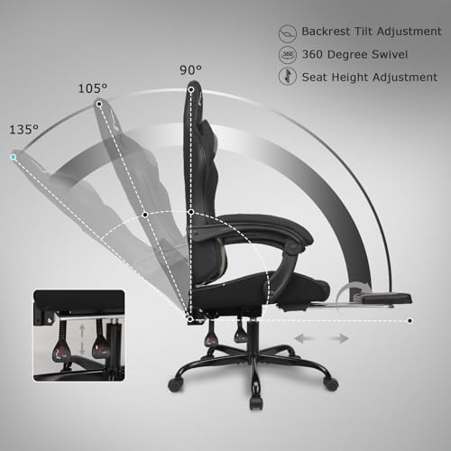 Gaming Chair with Linkage Armrest & Footrest, High Back Video Gaming Chair, Black