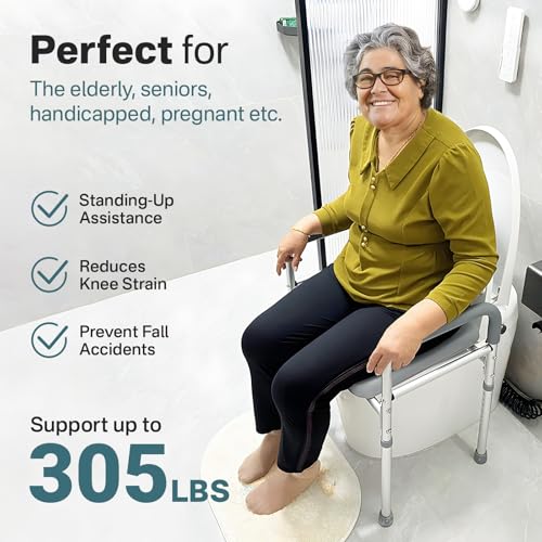 Toilet Seat Risers for Seniors Elongated, Raised Toilet Seat with Handles, Toilet Safety Frames & Rails for Elderly and Handicap, Elevated Shower Commode Chair with Arms, Toilet Lift Grab Bar