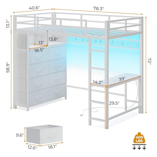 ADORNEVE Twin Size Loft Bed with Desk and 8 Storage Drawers, Metal Kids Loft Bed Twin with LED Lights & Charging Sation, Storage Shelves, 13.1