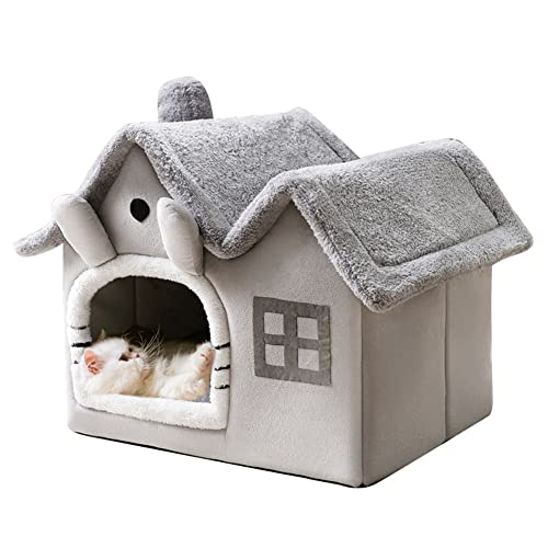 Luxury Double Roof Indoor Dog House Cat Nest,Foldable Warm Soft Kennel,30D High Elastic Memory Sponge,Removable Cushion and Non-Slip Bottom (Grey Double Roof, M)