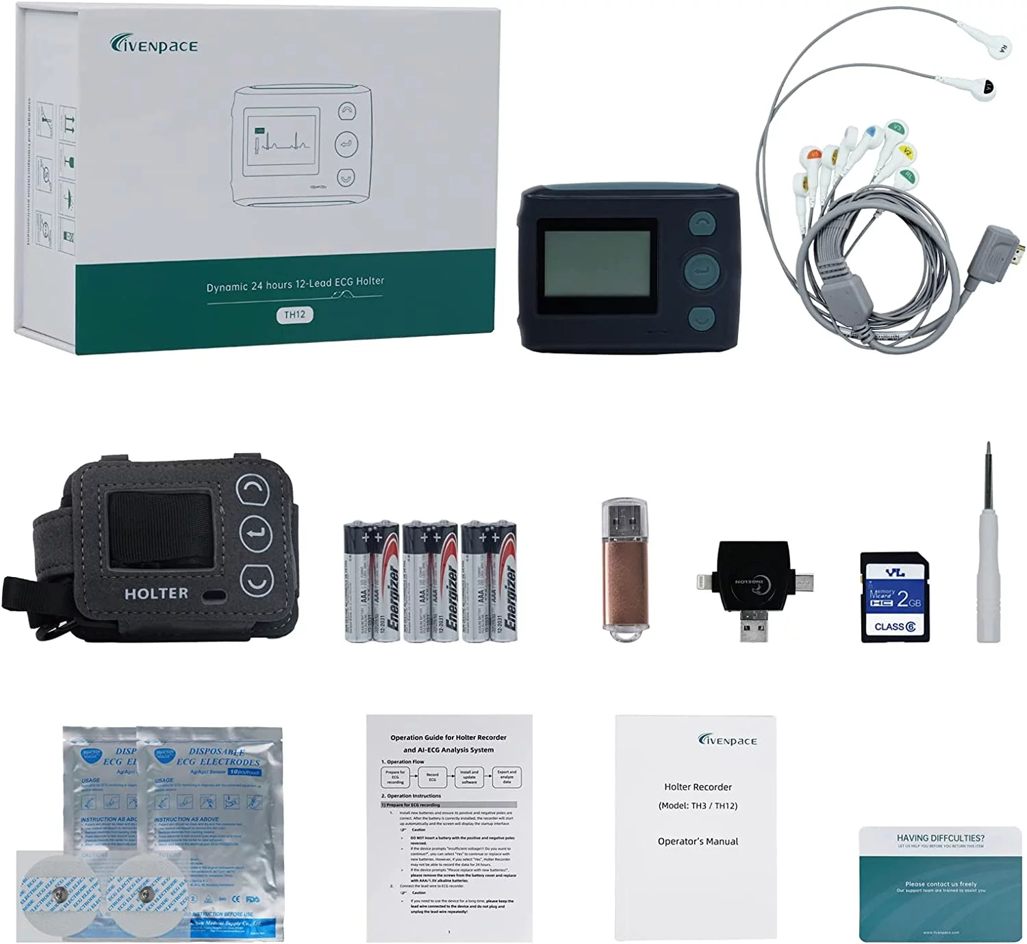 8 Channel 12-Lead EKG Machine, 24-Hour Holter Heart Monitor for Continuous ECG Tracking,CE Certificated,TH12