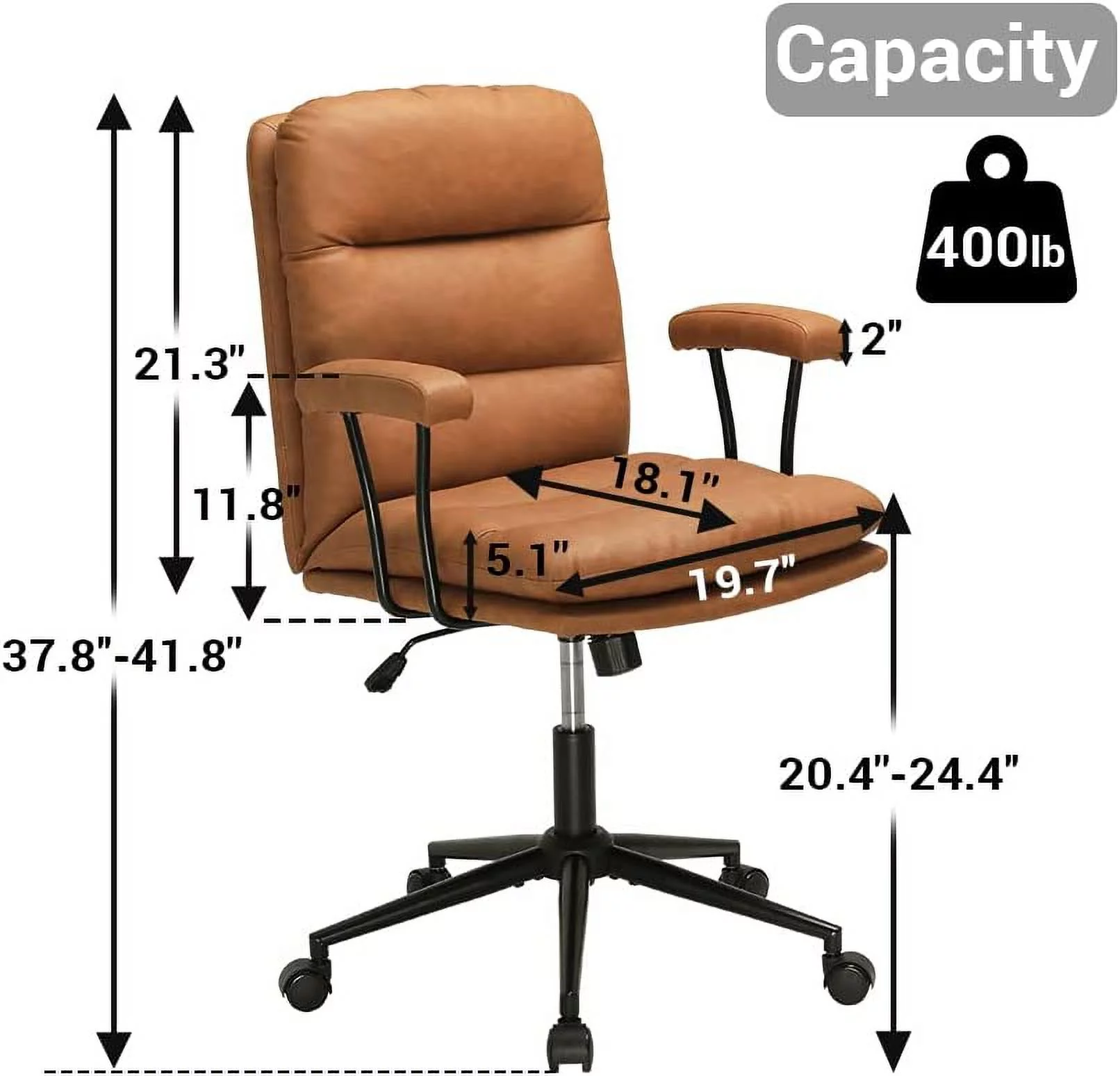 YOJFOTOOU. Leather Office Chair Brown Desk Chair Mid Century Home Office Desk Chair with Arms, Adjustable Back 40°, Capacity 400lbs