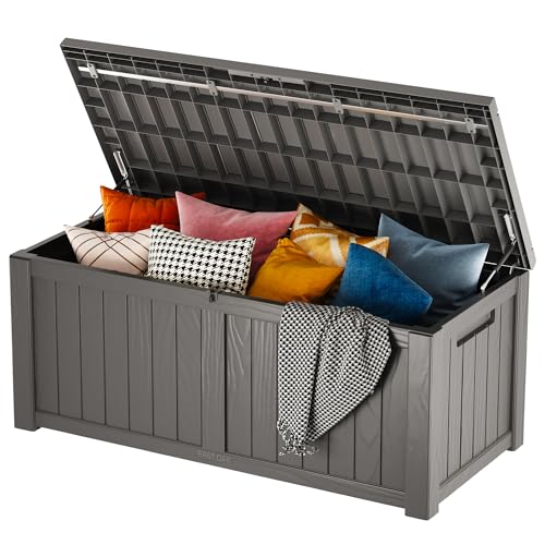 EAST OAK Outdoor Storage Box, 31 Gallon Deck Box Indoor and Outdoor Use, Waterproof Resin Storage Bin for Package Delivery, Patio Cushions, Gardening Tools, Lockable, UV Resistant, Grey