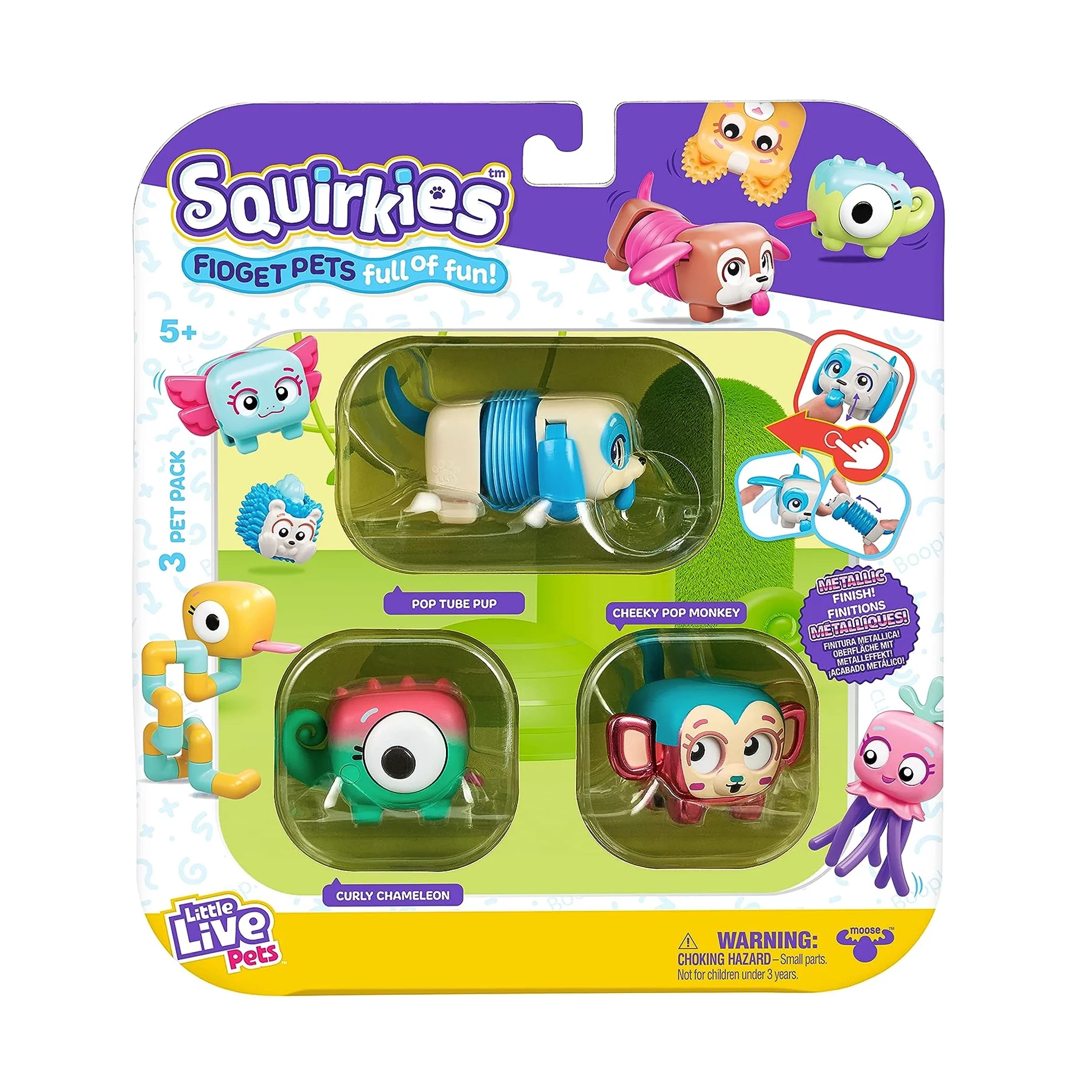 Little Live Pets, Squirkies 3 Pack (Pop Tube Pup, Metallic Cheeky Monkey, Curly Chameleon) Interactive Fidget Toys, 30+ to collect, Ages 5+