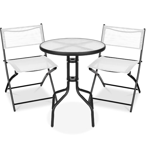 Best Choice Products 3-Piece Patio Bistro Dining Furniture Set w/Glass Tabletop, 2 Folding Chairs, Steel Frame, Polyester Fabric - Gray