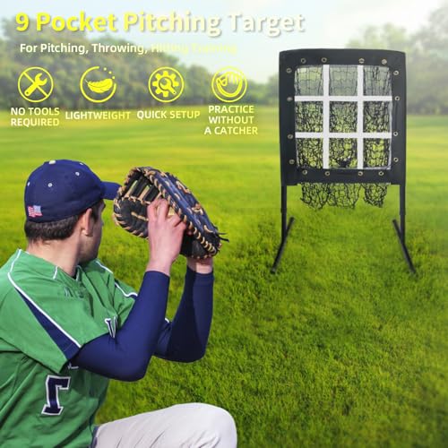 9 Hole Baseball Pitching Net with Strike Zone, Portable Pitching Pocket Net for Softball Train, Adjustable Height Baseball Softball Net with Carry Bag for Hitting and Pitching