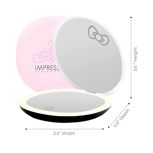 Impressions Vanity Hello Kitty Swirl Compact Mirror with Light, Double Sided Cute Travel Makeup Mirror with Magnification, Daylight LED Lighting and Adjustable Brightness (White)