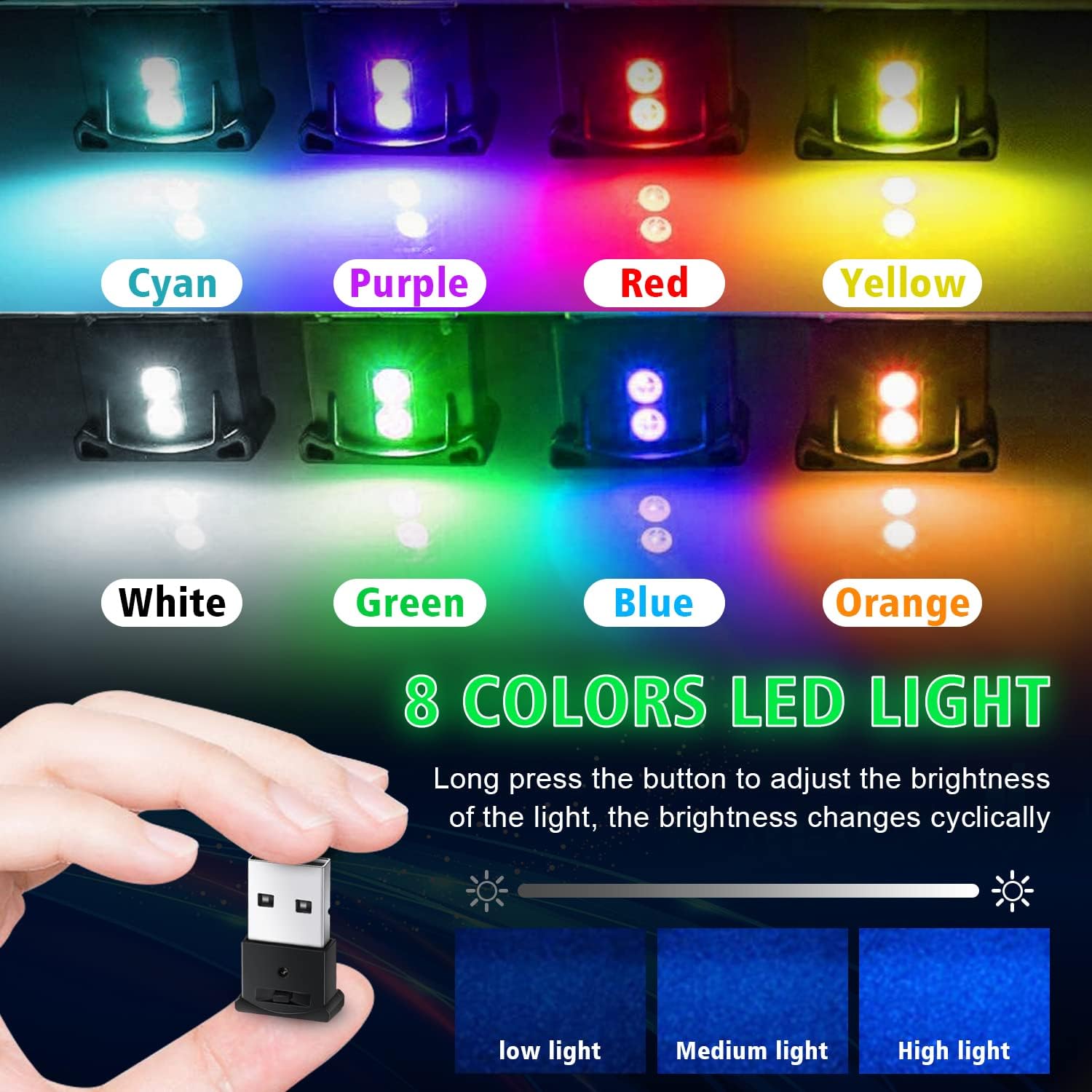 Ouzorp 4 Pcs Mini USB LED Light, 8 Colors RGB Car LED Interior Lighting DC 5V Smart USB LED Atmosphere Light Laptop Keyboard Light Home Office Decoration Night Lamp Adjustable Brightness