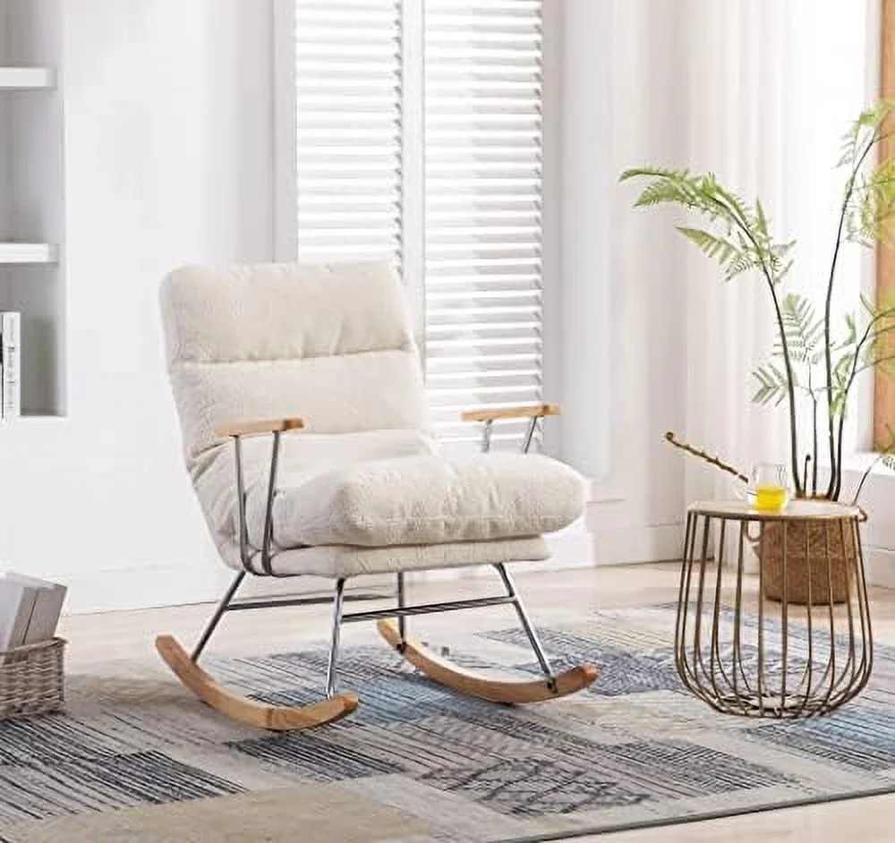 KBANZIBIU Rocking Chair with Reclining Back  Faux Sherpa Upholstered Comfy Glider Chair with Adjustable Back  for Living Room/Bedroom  Cream