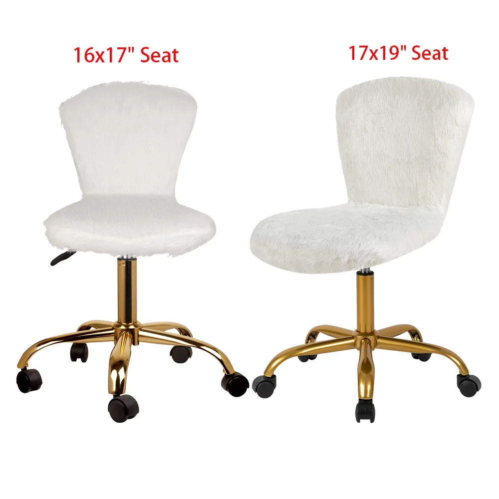 LEEJAY Fuzzy Desk Chairs Set of 2, White Gold Vanity Chair for Kids ,Armless Swivel Furry Chair for Adult