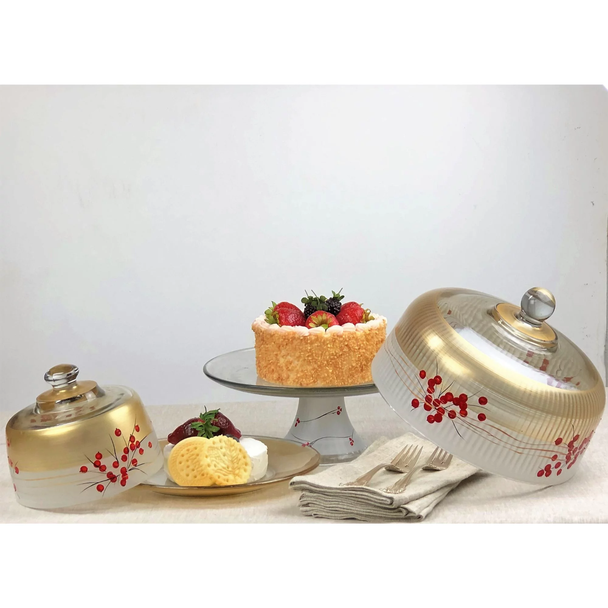 Crafted Creations White and Gold Holly Berries Hand Painted Glass Serving Bowl 11