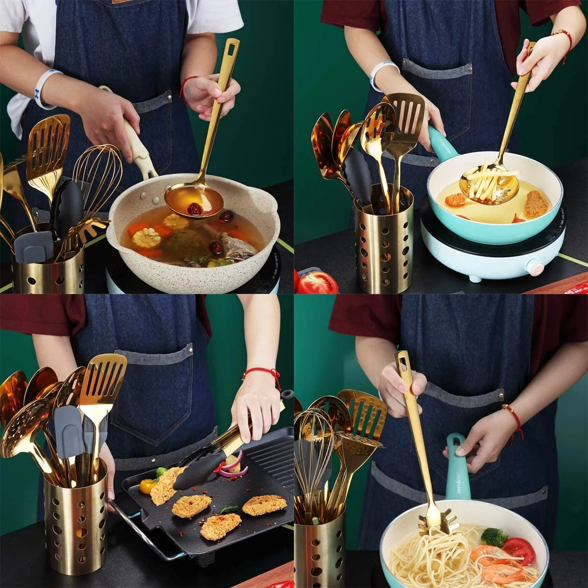 ReaNea 13 Pieces Gold Cooking Utensils Set, Stainless Steel Kitchen Utensils Set with Utensil Holder