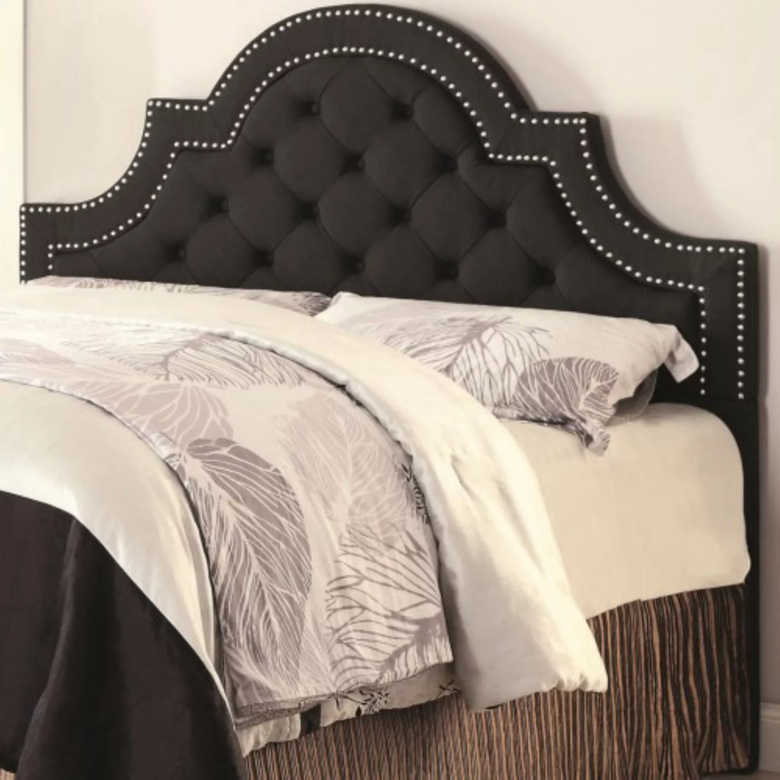 Coaster Home Furnishings Ojai Modern Traditional Camel Back Tufted Upholstered Headboard with Double Row Chrome Nailheads - Full / Queen - Charcoal Fabric